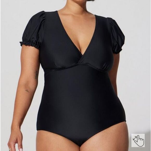 Retro Swim Wireless Puff Sleeve One Piece Swimsuit - Picture 1 of 4